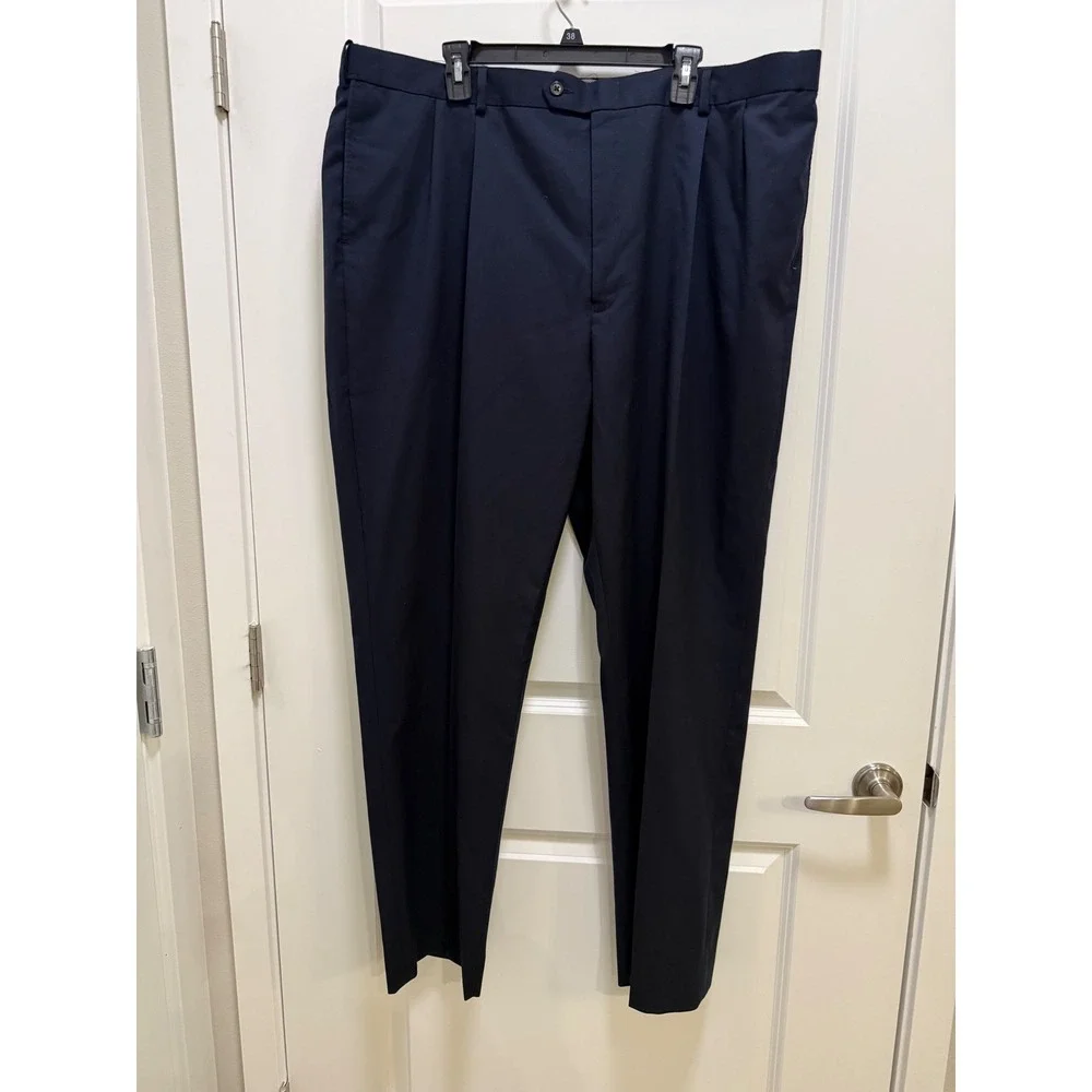 Hart Schaffner Marx Mens Navy Blue Wool Pleated Dress Pants 44L Natural Stretch